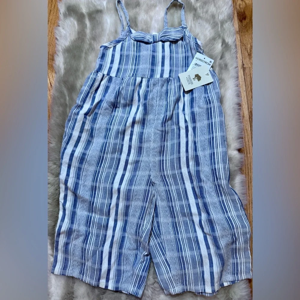 NWT Nordstrom Tucker + Tate Girl Blue White Textured Striped Jumpsuit w Bow 3T